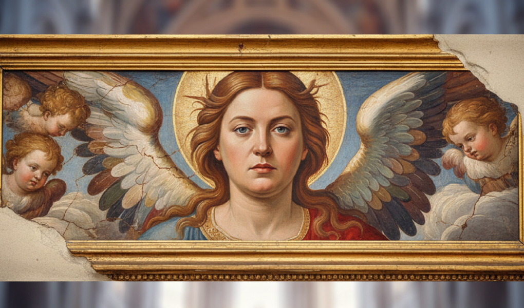 Imagem ilustrativa sobre Restored angel fresco resembling Italian PM Meloni sparks investigation