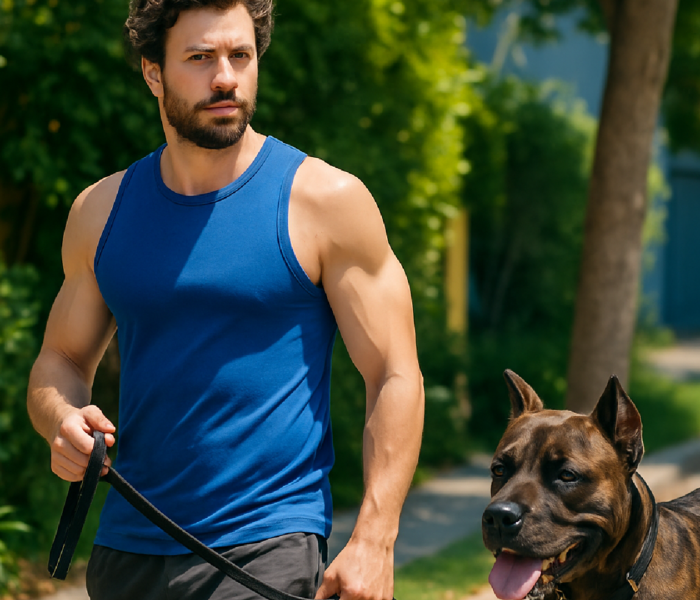 Imagem ilustrativa sobre 'Heated Rivalry' Star François Arnaud Shows Off Sculpted Arms On Dog Walk